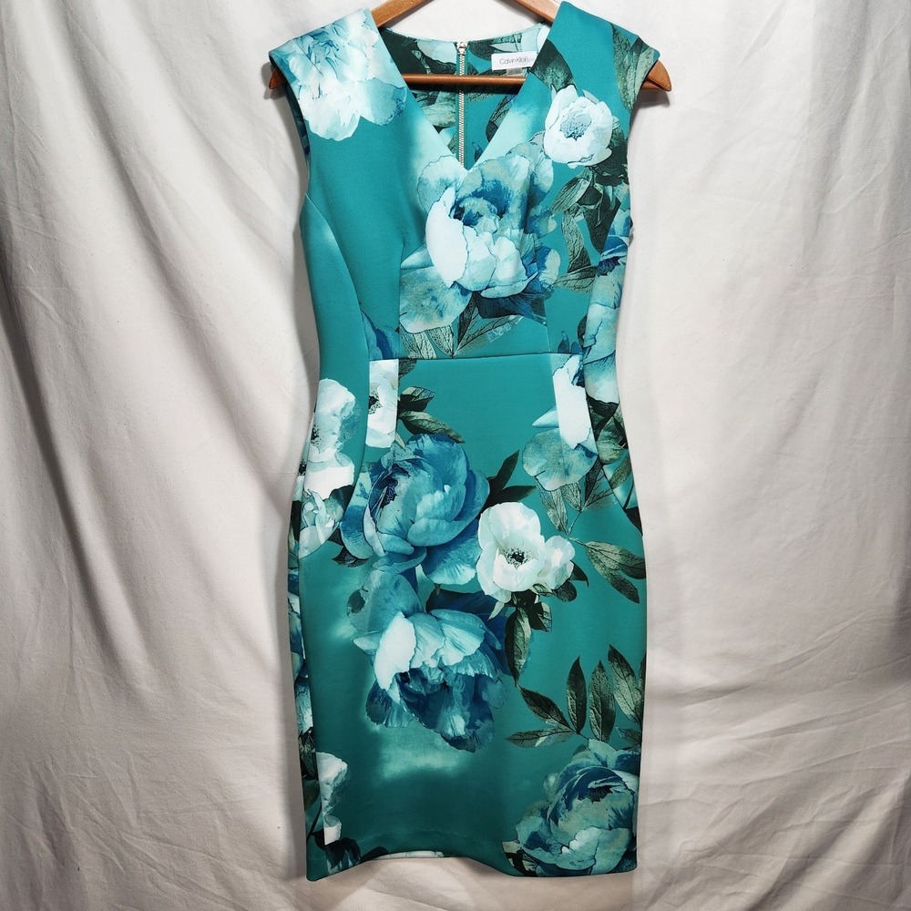 Calvin‎ Klein Womens Floral Sheath Dress Size 6 Teal Blue Green Sleeveless